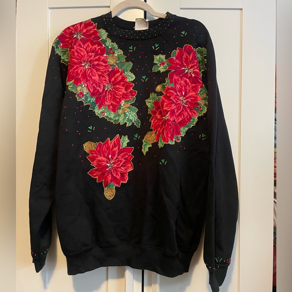 Vintage Winter Sweater Poinsettia Handpainted. Size Large/XL.